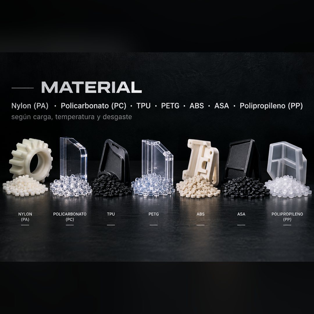 Los siete materiales: nylon (PA), policarbonato (PC), TPU, PETG, ABS, ASA y polipropileno (PP), cada uno con una pieza impresa y su granulado