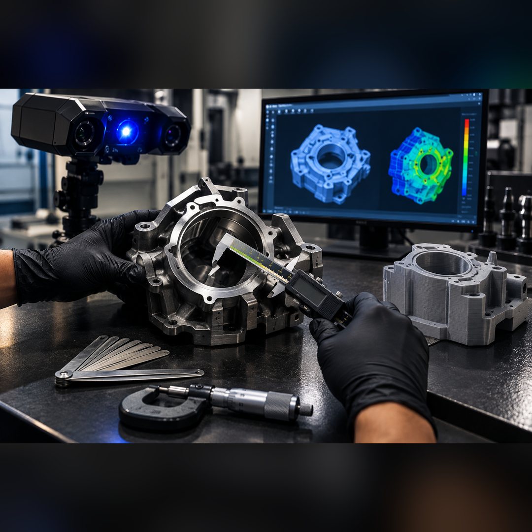 Medición de una pieza metálica con calibrador digital, junto a galgas, un micrómetro y un escáner 3D; en la pantalla, el modelo escaneado y su mapa de desviaciones