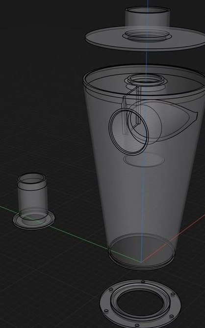 Dibujo en computador de un separador ciclónico, con sus piezas separadas para ver cómo encajan.